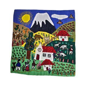 Arpillera country side folk art hand embroidery / applique wall hanging